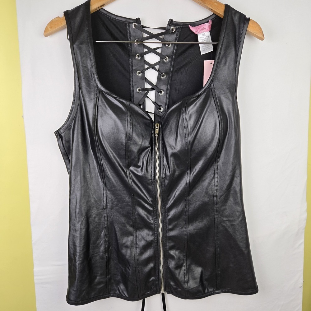 Lydia USA Faux Leather Corset Top Back Lace Up, Zip Front Sz 1XL Biker Goth